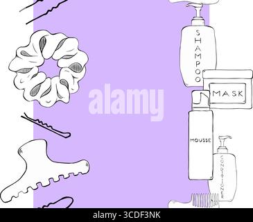 Cosmetics containers bottles and hair clips with spray, dispenser and dropper, cream jar Salon seamless vertical border frame template. Vector graphic Stock Vector