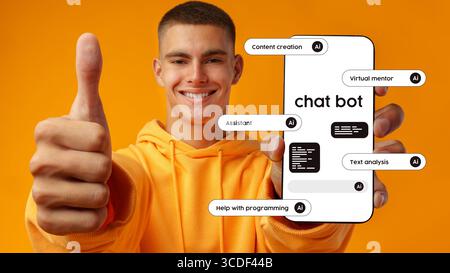 Young man showcasing chatbot features on mobile device against bright orange background emphasizing virtual assistance tools Stock Photo