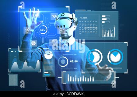 Virtual reality user interacts with data analytics in futuristic digital environment Stock Photo