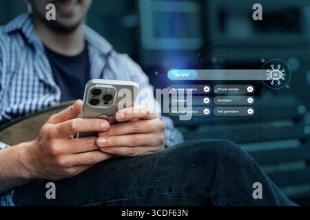 Engaging with mobile technology for content creation in a modern workspace Stock Photo