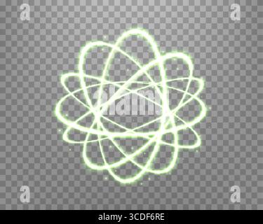 Atom particle, light effect glowing green magic rings. Neon realistic energy swirl. Abstract light effect on a transparent background. Vector Stock Vector