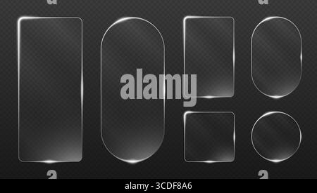 Glossy glass frames with neon edges in vibrant colors. Square circular and hexagonal borders for banners title plates interface screens and futuristic Stock Vector