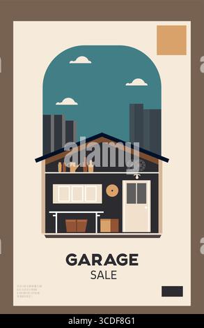 Minimalist, flat-design poster illustration of a garage sale. The scene features a stylized garage with shelves displaying various items. The text GAR Stock Vector