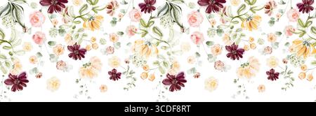 Watercolor Floral Seamless Border With Yellow And Burgundy Flowers Stock Vector