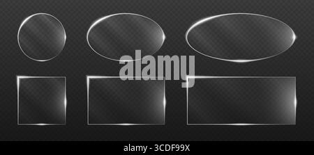 Neon glass frame set with glowing crystal edges on dark background. Transparent squares circles rectangles and hexagons for futuristic banners game UI Stock Vector