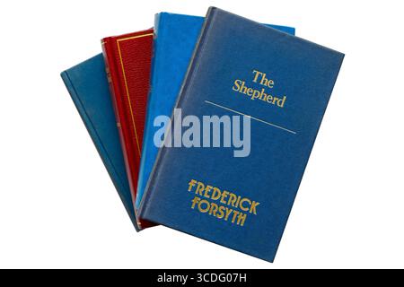 Selection of  hardback books with The Shepherd book by Frederick Forsyth on top isolated on white background Stock Photo