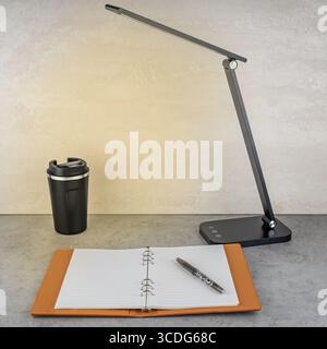 Compact desk lamp with coffee cup and notepad with RGB color backlighting and soft light. Warm light. Stock Photo