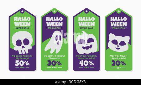 A playful set of Halloween sale tag designs featuring cute icons like pumpkins, ghosts, skulls, and cats. Perfect for marketers and online shops Stock Vector