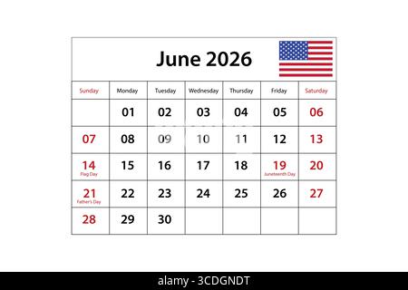 June 2026 Calendar with US Flag and Special Days. Stock Vector