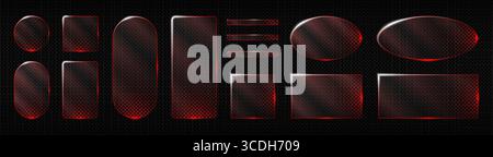 Neon glass frames with glowing red accents and sparkle effects. Transparent rectangles circles and hexagons for casino style banners futuristic HUD el Stock Vector