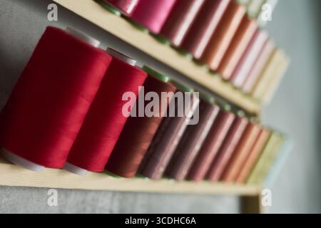 Multiple spools of sewing thread arranged in neat rows on wooden rack, showing various shades from red to brown and pastel colors, textile supplies organized for tailoring work Stock Photo