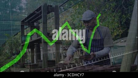 Arranging wooden trays man wearing apron placing on table inside greenhouse, copy space Stock Photo