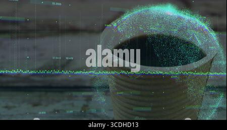 Displaying ceramic coffee cup featuring floating data sphere on rustic wooden tabletop, copy space Stock Photo