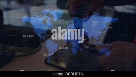 Holding soldering iron technician hands soldering circuit board on repair bench, world map overlay Stock Photo