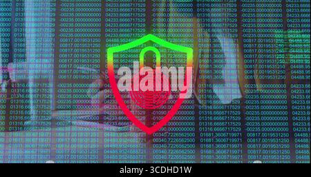 Displaying data matrix on monitor with shield padlock, fingerprint target showing floating digits Stock Photo