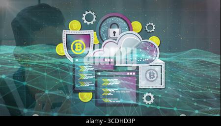 Displaying cloud icons over mesh network, with padlock, Bitcoin shield, gold coins and code windows Stock Photo