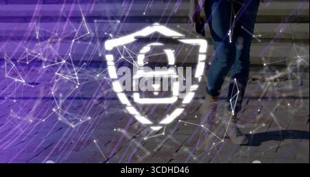 Hovering padlock shield projecting data streams across brick plaza beside walking woman in jeans Stock Photo