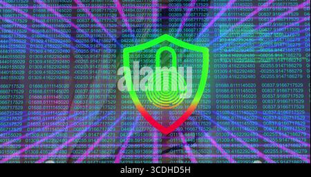 Displaying neon shield with padlock symbol glowing in cyberspace, with fingerprint pattern and grid Stock Photo