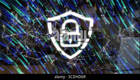 Shining padlock icon within shield outline hovering in network mesh with teal blue light trails Stock Photo
