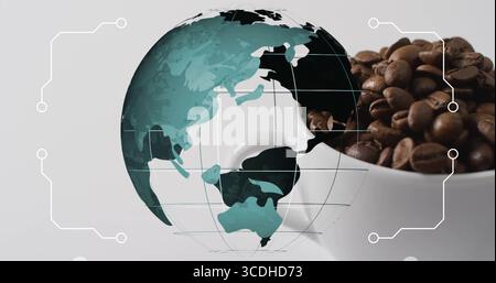 Displaying digital globe overlaying white cup containing coffee beans in studio with circuit lines Stock Photo