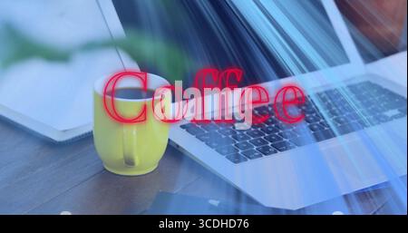 Featuring yellow coffee mug on work desk, with laptop, neon “Coffee” text, blue streaks, copy space Stock Photo