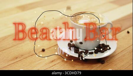 Displaying white coffee cup, saucer on wooden bar with latte art, Beach Bar text, copy space Stock Photo