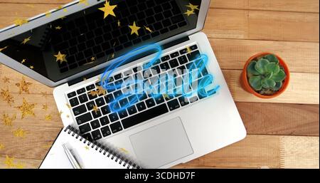 Displaying neon-blue Sale overlay, silver laptop sitting on wooden office desk, with star confetti Stock Photo