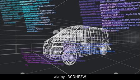 Displaying wireframe 3D van model floating over dark gray grid plane, with colored code panels Stock Photo