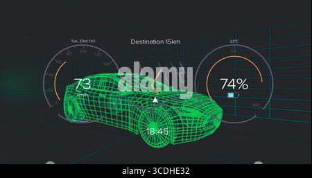 Displaying wireframe sedan cruising on virtual grid with gauges, navigation indicators and clock Stock Photo