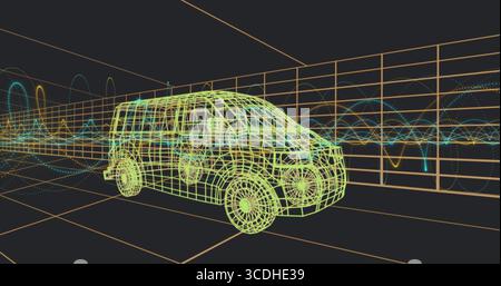 Displaying 3D wireframe SUV model glowing neon lines in virtual grid chamber, with waveform graphs Stock Photo
