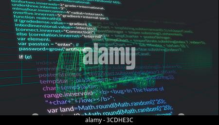 Displaying 3D wireframe truck model glowing in code editor workspace with code text and grid plane Stock Photo