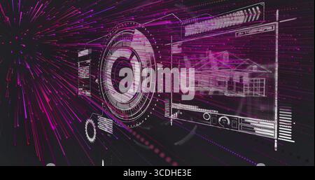 Overlaying HUD interface in cyberspace, showing circular graphic, wireframe panel and data bars Stock Photo