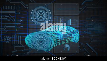 Displaying neon blue wireframe car model on grid with circuit lines, radar, bar chart, globe icon Stock Photo