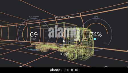 Displaying wireframe semi truck and trailer moving inside grid tunnel, with HUD gauges and arrow Stock Photo