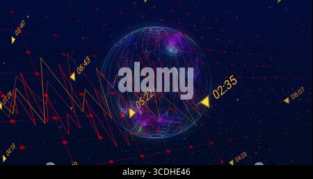 3D wireframe globe rotating in virtual analytics space, with red plot line and yellow time labels Stock Photo