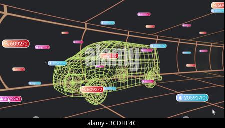 Hovering neon green wireframe van model moving in 3D orange grid tunnel, with floating data tags Stock Photo