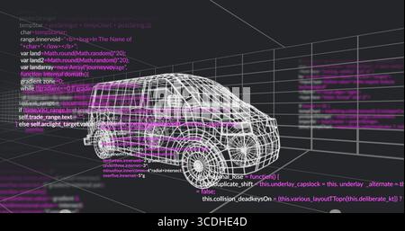 Displaying wireframe van model rotating on dark workspace, with code lines and perspective grid Stock Photo