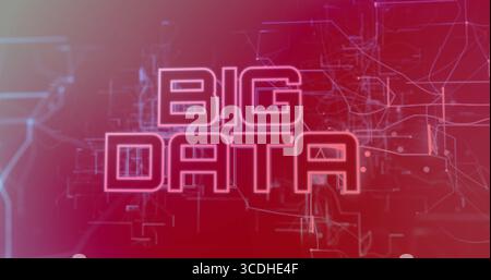 Glowing neon-style 'BIG DATA' text illuminating digital network, with circuits and nodes Stock Photo