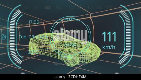 Displaying wireframe car model moving through grid tunnel, showing speed and Electric Auto mode Stock Photo