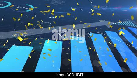 Displaying glowing blue 3D bars rising in dashboard, with glowing line graph and gold confetti Stock Photo