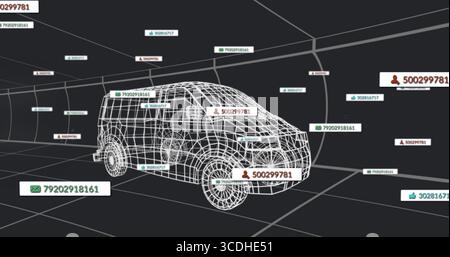 Hovering wireframe SUV model spinning in virtual 3D tunnel, with phone, user, thumbs-up data labels Stock Photo