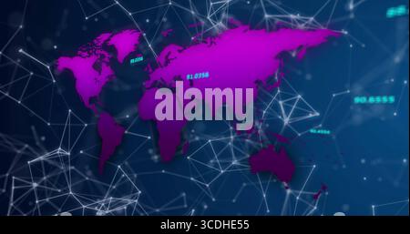 Displaying magenta world map linking network nodes in digital interface space with numeric data Stock Photo
