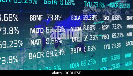 Displaying ticker symbols and percentages streaming in financial dashboard, with grid and world map Stock Photo
