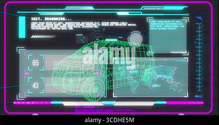 Displaying control panel showing 3D wireframe van model in virtual control room with data panels Stock Photo