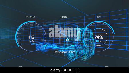 Displaying wireframe semi-truck model in grid tunnel, with speedometer battery and navigation arrow Stock Photo