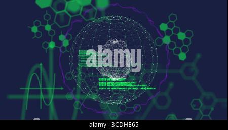 Wireframe globe rotating in data display, with green code panels, hexagon motifs, waveform graph Stock Photo