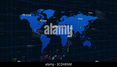 Displaying blue world map showing candlesticks and line graphs on dark data screen, numeric values Stock Photo