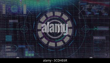 Presenting circular HUD in cyberspace with binary code overlay, grids, reticles, panels, world map Stock Photo