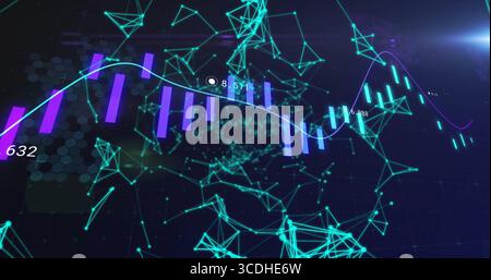 Displaying network graph animating in 3D dashboard with teal nodes, purple bars and numeric labels Stock Photo