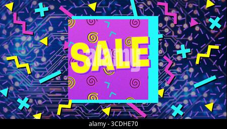 Displaying purple panel featuring bold yellow SALE text in digital graphic layout, with neon shapes Stock Photo